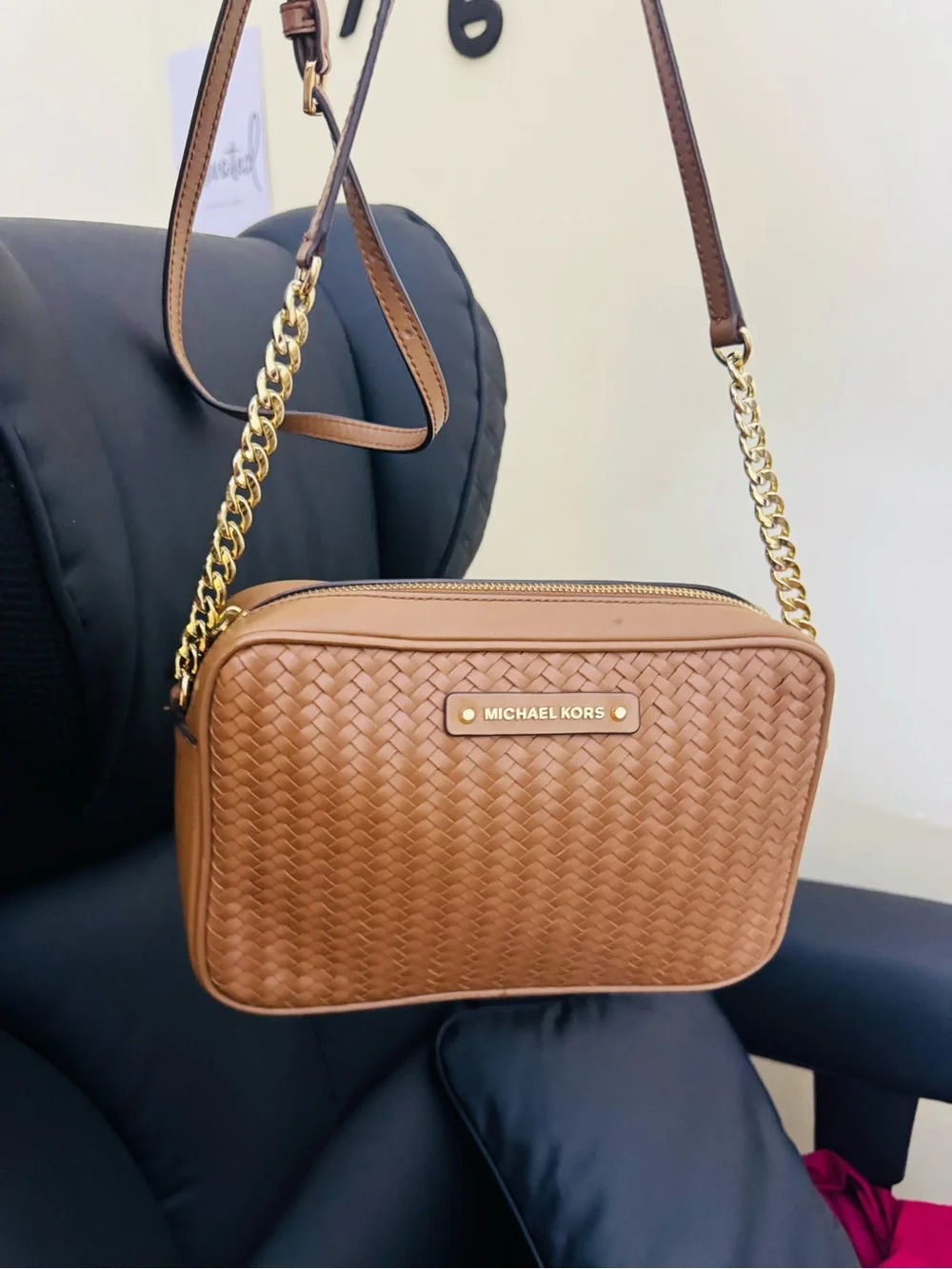 Michael Kors Tan Woven Leather Crossbody with Gold Chain